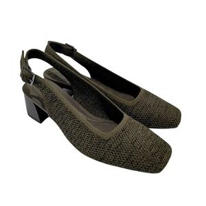 Vivaia Olive Green Knit Square Toe Slingback Block Heels Size 40
